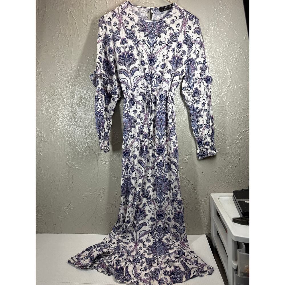Refka Womens Long Sleeve Maxi Dress Ruffle Paisley Flower Drawstring Waist Sz 10